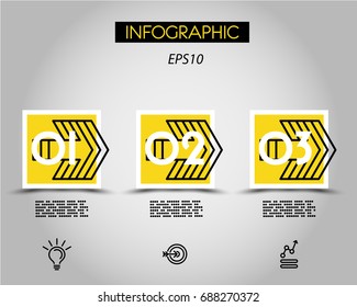 three infographic squares with triple large arrow,  concept of options