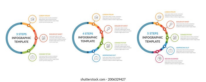 Three infographic templates - 3, 4 and 5 steps, diagrams with icons and text, vector eps10 illustration
