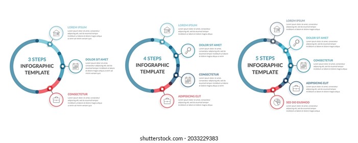 Three infographic templates - 3, 4 and 5 steps or options, diagrams with icons and text, workflow, process charts, vector eps10 illustration