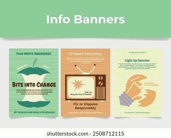 Three informative banners feature topics on food waste awareness, e-waste recycling, and energy conservation, encouraging community engagement and responsible practices.