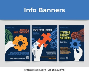 Three informative banners highlight key conference topics including innovation and business solutions. Designed to attract professionals interested in strategic discussions and networking.