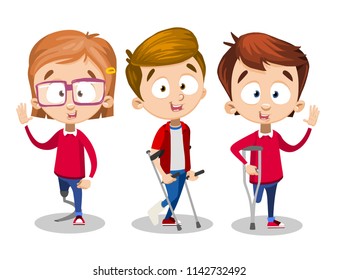 Three injured kids with prosthesis and crutches. Girl with glasses and prosthetic leg waving her hand. Boy with bandaged foot on crutches, and led without leg with crutch. Vector on white background