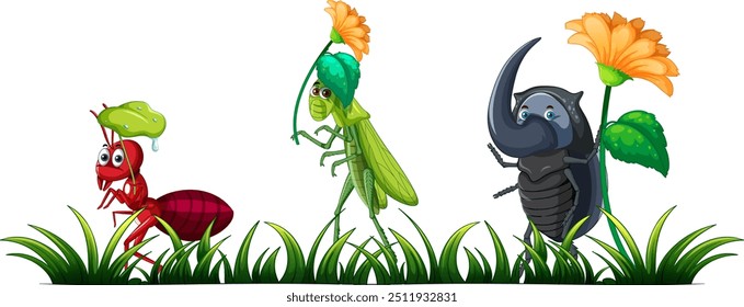 Three insects holding flowers in grassy field