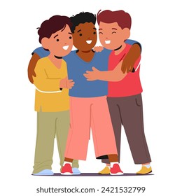 Three Inseparable Boy Characters, Bound By Friendship Warmth, Share A Heartfelt Hug. Laughter Echoes In Their Embrace, Sealing A Bond That Time Cant Unravel. Cartoon People Vector Illustration