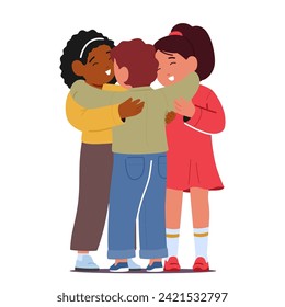 Three Inseparable Kid Characters Embrace In Heartwarming Hug. Their Laughter Echoing, Bonds Of Friendship Woven In Innocence, Creating Memories That Last A Lifetime. Cartoon People Vector Illustration