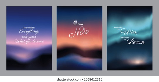 Three inspirational poster with motivational quotes. Each poster features a blurred, colorful background with uplifting messages in elegant fonts. Sunset sky inspirational quote poster template vector