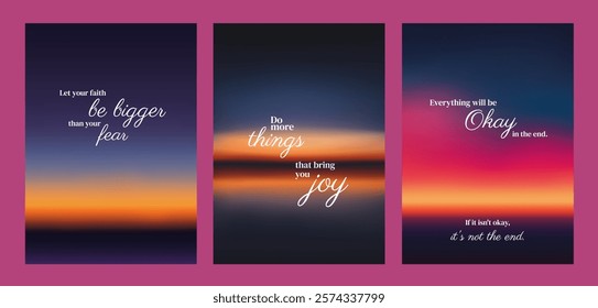 Three inspirational posters with motivational quotes. Sunset backgrounds. Uplifting messages about faith, joy, and positivity. Elegant typography. Sunset sky inspirational quote poster template vector