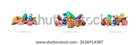 Three instances of a 3d grocery set with various food items. Collection of supermarket products for food delivery concept, shopping, and market illustration.