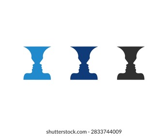 Three instances of the Rubins Vase optical illusion are displayed side by side in blue, dark blue, and black.