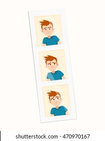 Three instant photos of a teenager on one strip. vector illustration. Boy emotions and avatar boy characters emotions. Faces vector characters of young man expressing different emotions icons. 