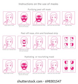 Three Instructions For Use Face Masks Purifying Peel-off Mask, Peel-off Strip,hydrating Mask.Template With Place For Your Text.Isolated On White Background.Easy To Change Color.Vector Illustration.