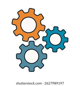 Three Interconnected Colorful Gears Depicting Mechanical Synchronization, Engineering Innovation, and Collaborative Motion in Flat Design Style