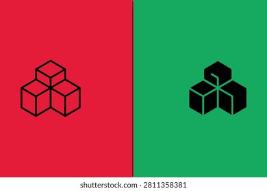 Three interconnected cubes forming a geometric symbol on vibrant red and green split background panels