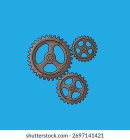 Three interconnected gears are depicted against a blue background, illustrating mechanical functionality.