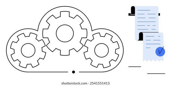 Drei miteinander verbundene Zahnräder in einer Wolkenform neben einem aufgerollten Dokument mit einem Häkchen. Ideal für Technologie, Cloud Computing, Automatisierung, Dokumentenmanagement und Workflow-Effizienz. Einfach