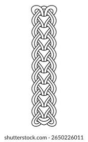 Three interlaced chains, vertebral pattern found on Manx runestones. Composed of three distinct sets of linked rings interlaced, with Y-shaped lower part, symbolizing foliage of sacred tree Yggdrasil.
