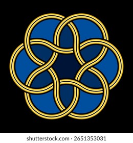 Três laços entrelaçados, ornamento colorido no estilo de vitrais. Três fitas entrelaçadas que levam a um nó de seis pétalas, usadas na ornamentação cristã para representar a Santíssima Trindade. Vetor