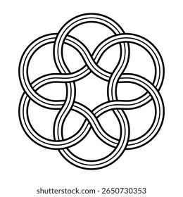 Três laços entrelaçados, símbolo da Trindade. Três fitas entrelaçadas que levam a um nó de seis pétalas, usado na ornamentação cristã, representando a união do Pai, Filho Jesus Cristo e Espírito Santo.