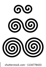 Three interlocked double spirals over white. Combined spirals with two, three and four turns. Motifs of twisted and connected spirals. Isolated illustration. Vector.