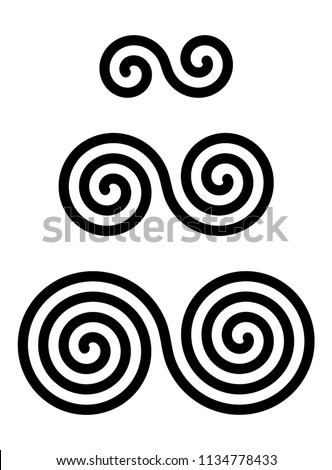 Three interlocked double spirals over white. Combined spirals with two, three and four turns. Motifs of twisted and connected spirals. Isolated illustration. Vector.