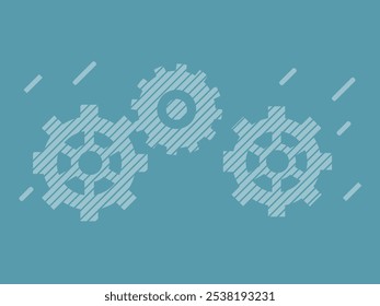 Três volantes interligados sobre um fundo azul representando o trabalho em equipe e a operação da máquina. Ideal para temas relacionados a engenharia, trabalho em equipe, mecânica, produtividade e eficiência. Minimalista