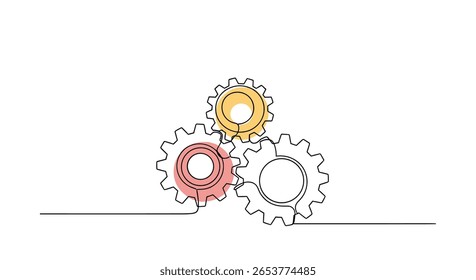 Three interlocking cogwheels representing mechanics engineering process flow and collaboration