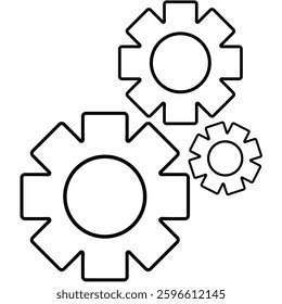 Three interlocking gear wheels illustration of different sizes, each outlined in bold black strokes, symbolizing machinery, construction or industrial design. The gears vary in size.