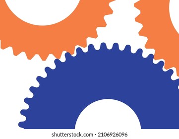 Three interlocking gears in blue and orange set over a white background