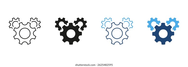Three Interlocking Gears Icon Set. Mechanical Engineering, Process Optimization, And Industrial Automation Symbol Collection. Represents Teamwork, Efficiency. Isolated Vector Illustration.