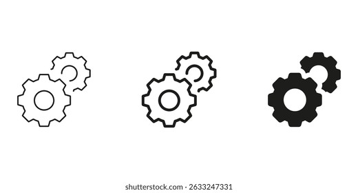 Three Interlocking Gears Line And Solid Icon Set. Mechanical Engineering, Process Optimization, Industrial Automation Symbol Collection. Machinery And Technology Sign. Isolated Vector Illustration.