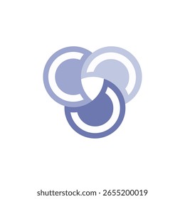 Três círculos abertos e interligados em diferentes tons de roxo e azul, formando um símbolo harmonioso e colaborativo
