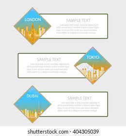 Three international flyers. Three capital. Set of vector illustrations. London, Tokyo, Dubai.