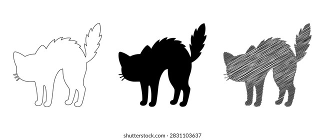 Three interpretations of a startled cat: a clean outline, a solid silhouette, and a textured scratch drawing.