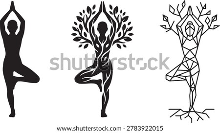 Three interpretations of tree pose: simple silhouette, woman as tree with branches, geometric wireframe. Yoga.