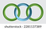 Three intertwined blue and green rings, circles. Isolated on gray. Vector illustration.