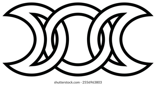 Three intertwined moon: minimalist design with three intertwined crescent moons, symbol of spirituality, life cycles, triune goddess in wiccan tradition. Graphic design element. Vector illustration.