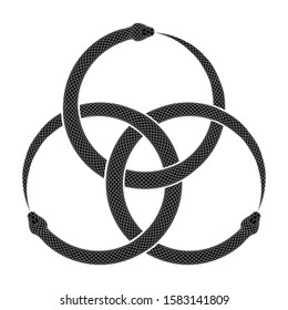 Three intertwined snakes biting their own tails. Ouroboros symbol tattoo design. Vector illustration  of ancient sign isolated on a white background.