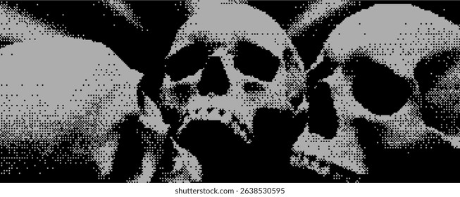 Three intricate skulls are positioned closely together, each displaying unique textures and shades.Bitmap overlay bg with pixel effect 