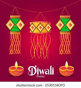  Three intricately designed hanging lanterns arranged vertically At the bottom two lit diyas are placed Happy Diwali is written in a festive font across the center conveying joy 