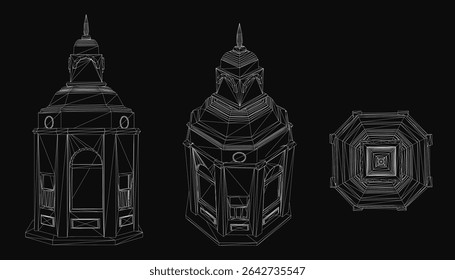 Three intricately detailed black and white lanterns stand out against a dark background, each with unique shapes and patterns. The high-contrast illustration highlights delicate linework and elegant.