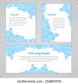 Three invitation card design with abstract wave background. Vector design template illustration for card, letter, banner.