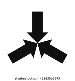 Drei nach innen gerichtete Pfeile, Silhouettensymbol. Ein Symbol aus einem Trio aus schwarzen Pfeilformen. Einzeln auf weißem Hintergrund.