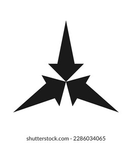 Tres hacia dentro, un icono de flechas que rompen. Un símbolo hecho de un trío de formas de flecha negra. Aislado sobre un fondo blanco.
