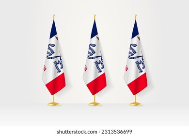 Tres banderas de Iowa en fila en un puesto dorado, ilustración de la conferencia de prensa y otras reuniones. Ilustración vectorial.