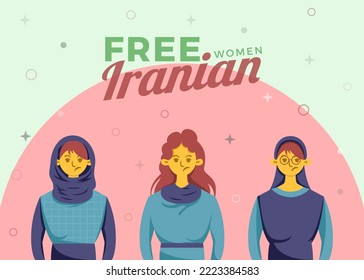 Three Iranian women with different outfits protesting and angry political flat illustration design