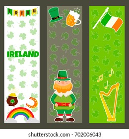 Three Irish banners with traditional symbols, characters and elements.