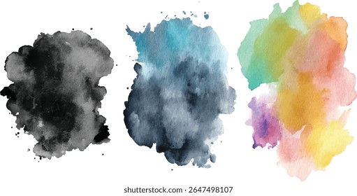 Three irregular watercolor paint blobs in shades of black gray teal yellow orange and purple against a white background. The texture is soft and slightly granular.