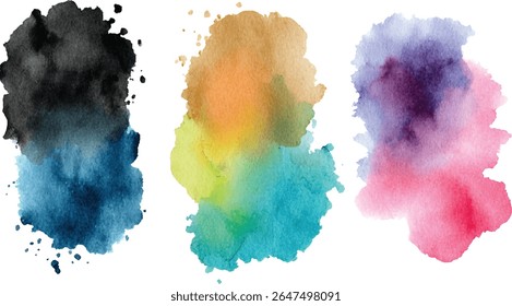 Three irregular watercolor shapes blend seamlessly from dark to light hues. Black transitions to deep blue, tan to teal, and purple to pink.