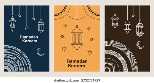 Três cartazes decorativos islâmicos com lanternas estrelas lua crescente e padrões geométricos para saudações do Ramadã Kareem