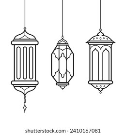 Three Islamic lanterns vector icon set collection illustration isolated on square white background. Simple flat black and white monochrome minimalist cartoon art styled drawing.